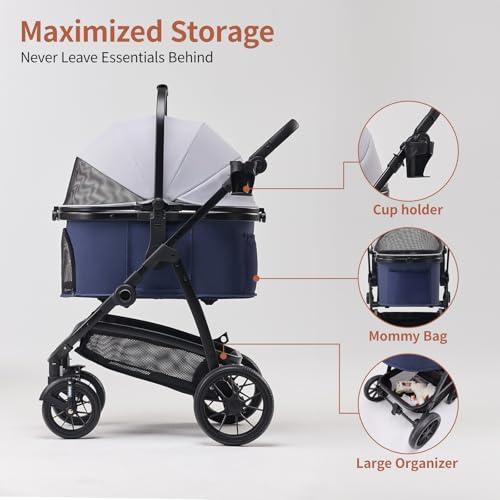 3-in-1 Dog Stroller for Small and Medium-Sized Dogs up to 55 lbs (BlueGray)