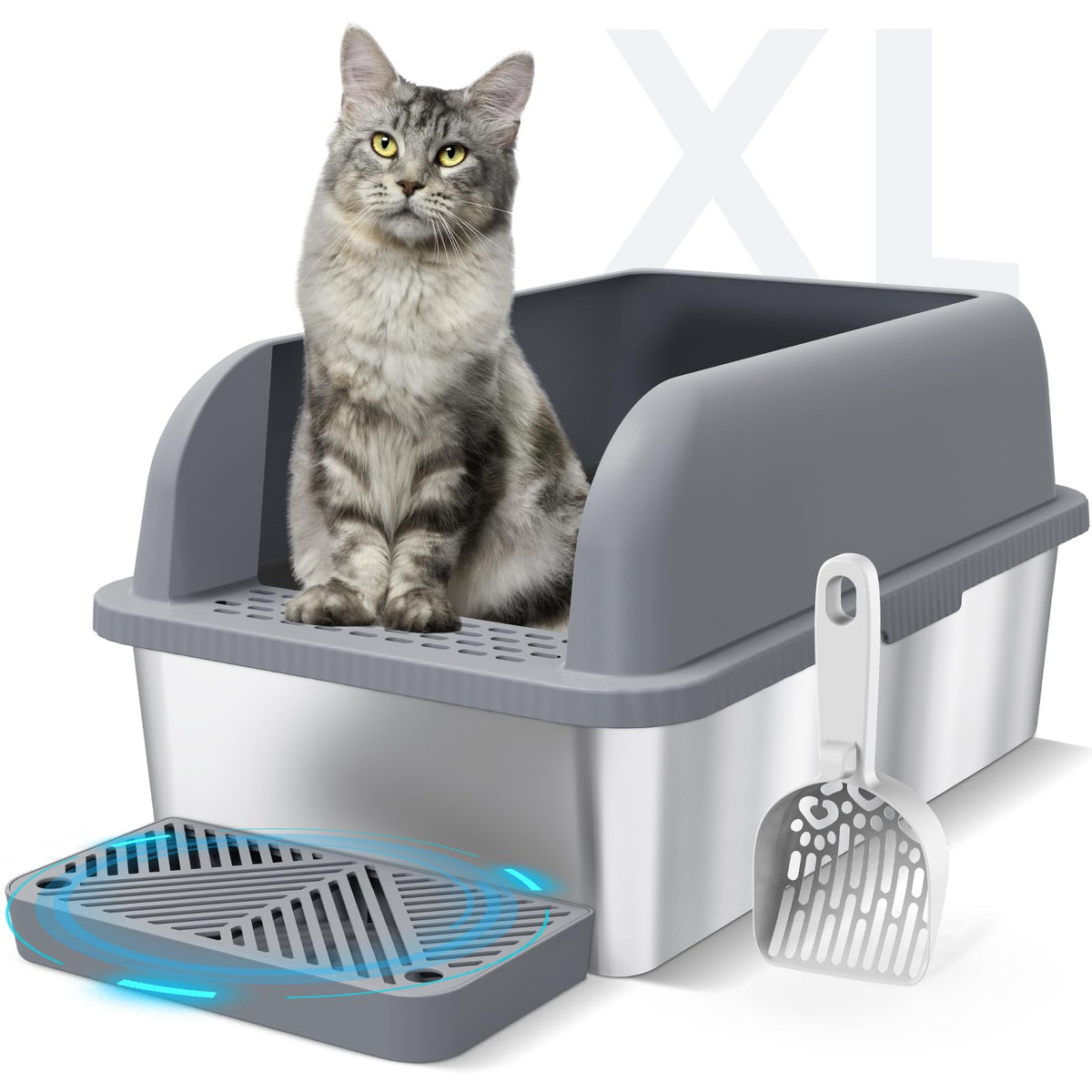 XL Enclosed Stainless Steel Cat Litter Box for Big Cats (Grey & Sliver / Large)