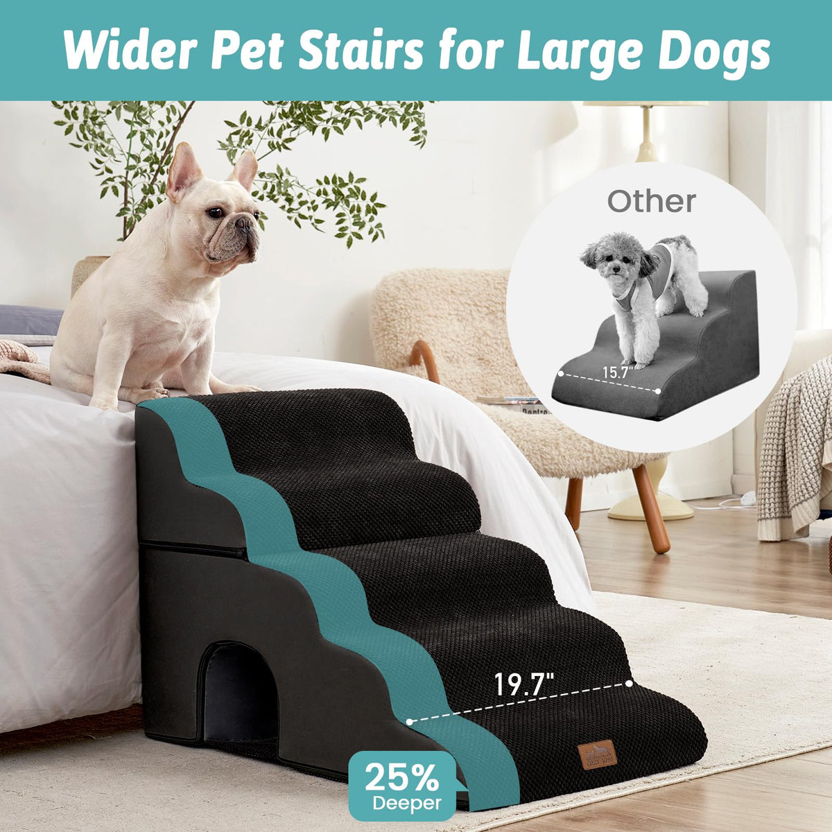Extra Wide Small Dog Stairs with Tunnel (Black / Detachable 19.7" x 33" x 22.4")