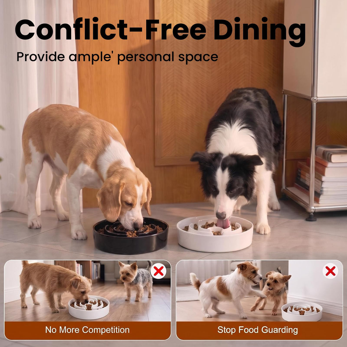2 Pack Ceramic Slow Feeder Dog Bowls 1.6 Cups for Medium & Small Fast Eater (White + Black / 2 Pack M - 1.6 Cups)