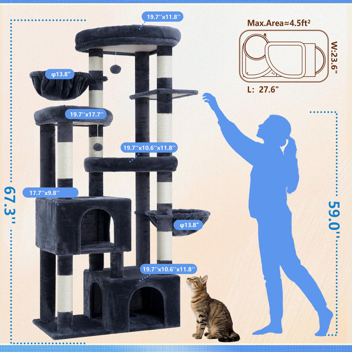 Cat Tree Tower with Tiered Padded Platforms (Smoky Gray)