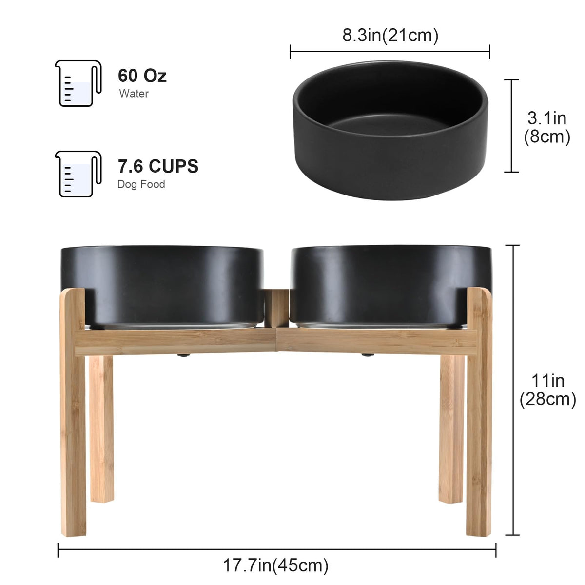 Elevated Dog Bowls Ceramic (8.3 in - 7.6 cups / Black)