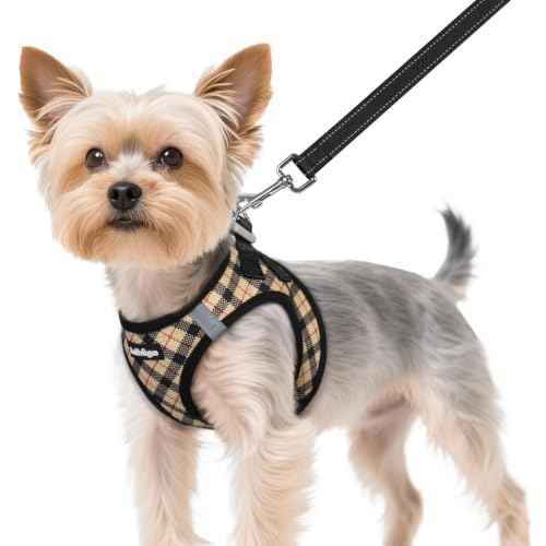 Dog Harness Small Sized and Leash Set (Beige Plaid / XS (Chest: 13.3"-15.5"))