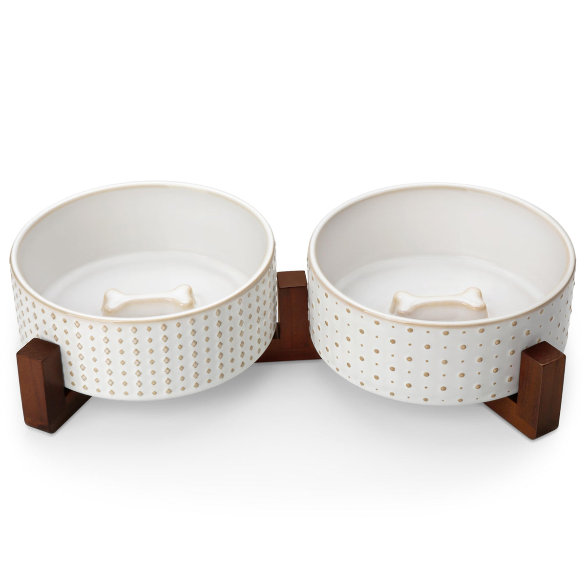 Dog Bowl Set Ceramic Bowls with Walnut Wood Stand (Rhombic+Polka Dots / 4 Cups)