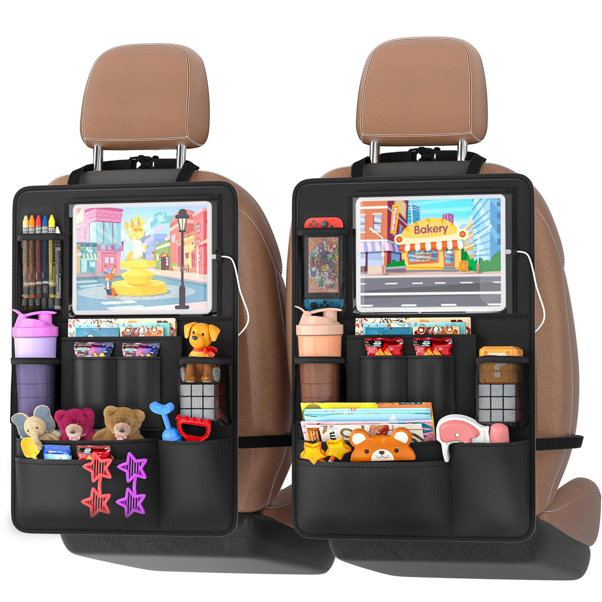 2 Pack Backseat Car Organizer with Tablet Charging Port for Kids Travel (Black)