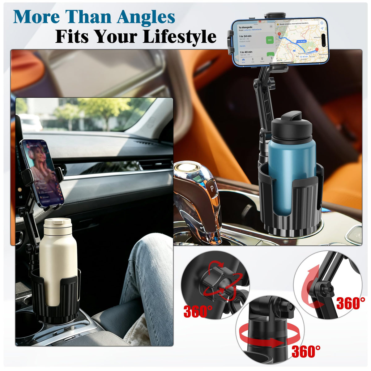 2-in-1 Cup Holder Phone Mount, Adjustable Phone Cup Holder for Car (1 Pack)