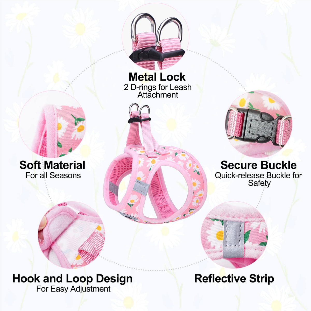 Small Dog Harness and Leash Set (XX-Small(Chest Girth 11.5"-13") / Pink Daisy)
