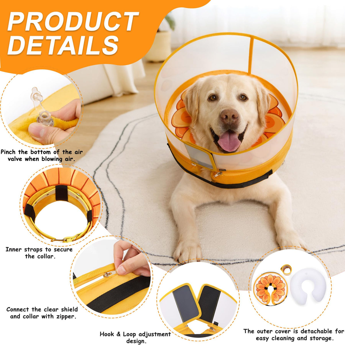 Inflatable Dog Cone Collar with Enhanced Anti (Medium+ / Yellow Flower)