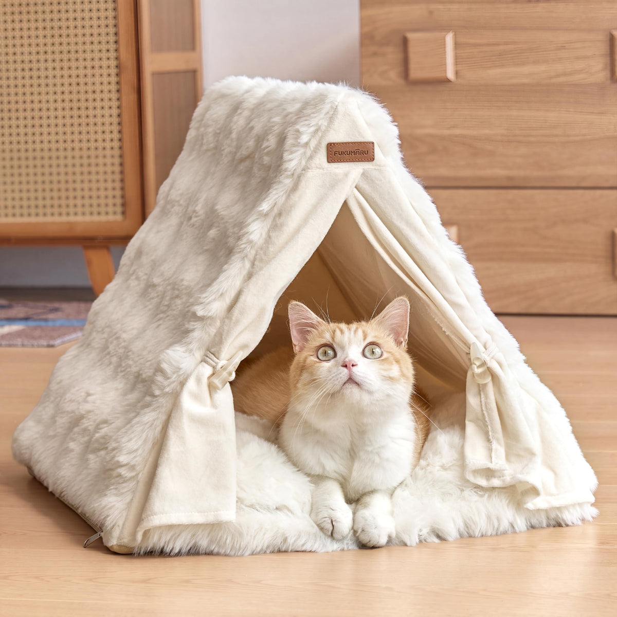 Cat Cave Bed Sturdy Frame Washable Cat Tent Bed with Curtain (Cream / 20"L x 20"W x 17"Th)
