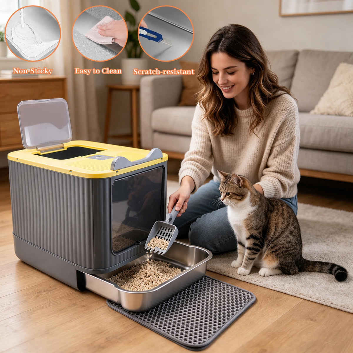 Stainless Steel Cat Litter Box Enclosed (Yellow)