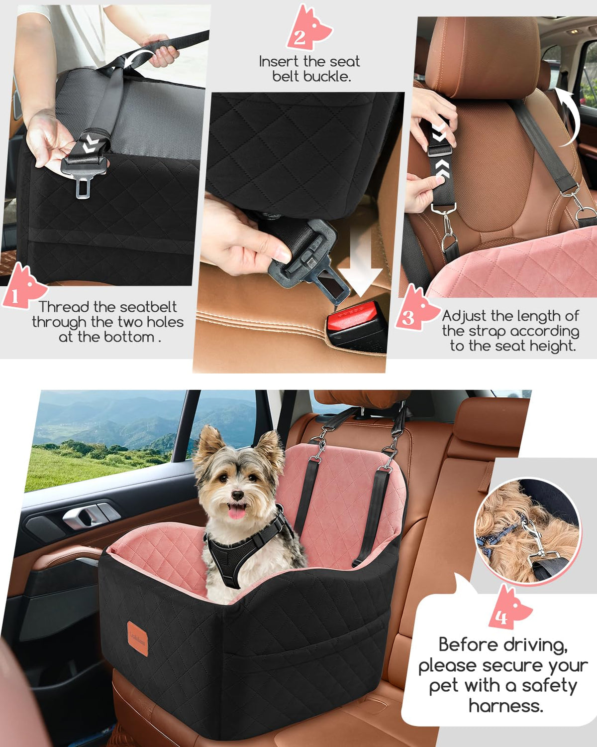 Dog Booster Car Seat for Small (Black/Pink / Medium)