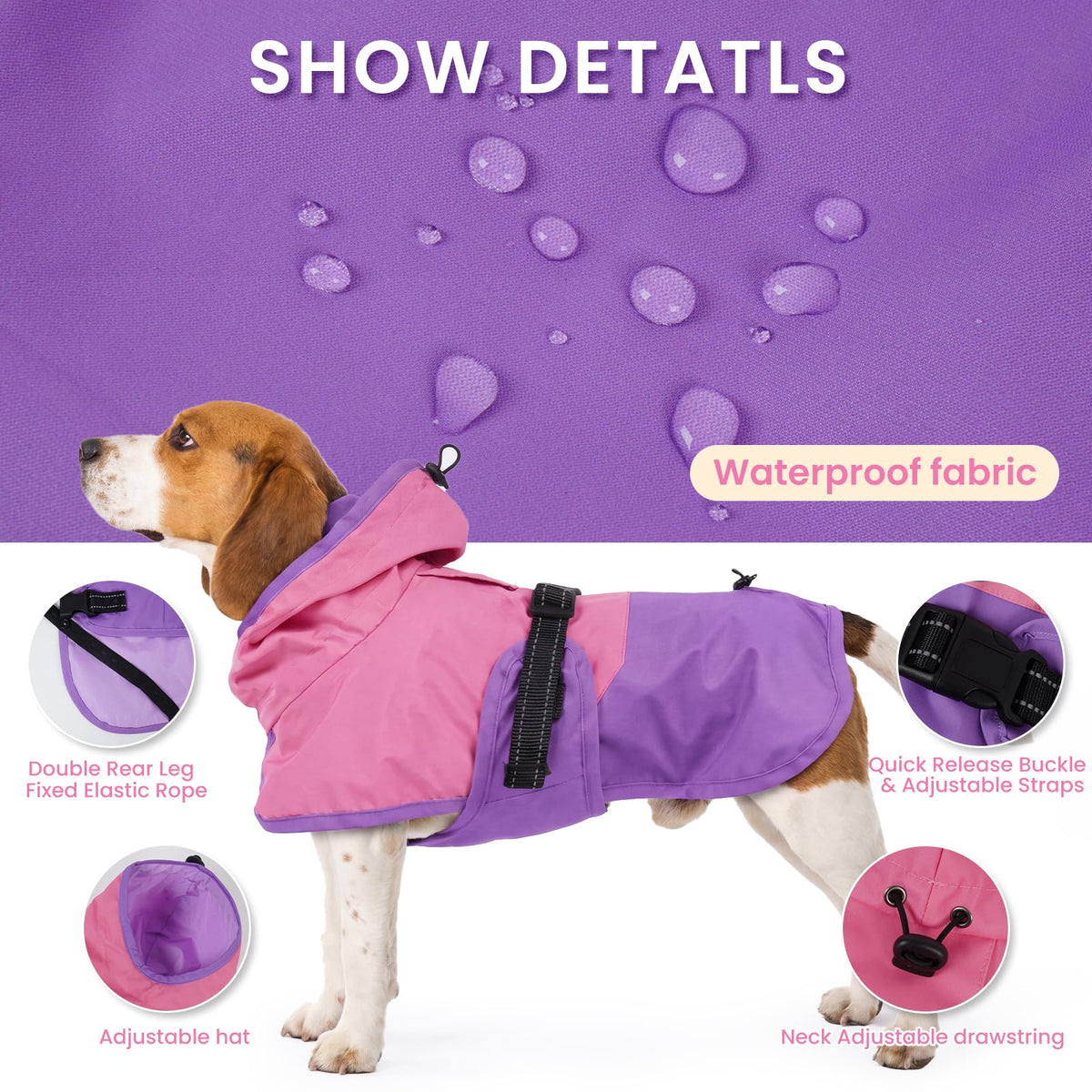 Dog Raincoat Waterproof Rain Jacket with Hood (XXL(Back Length23.6") / Pink Purple)