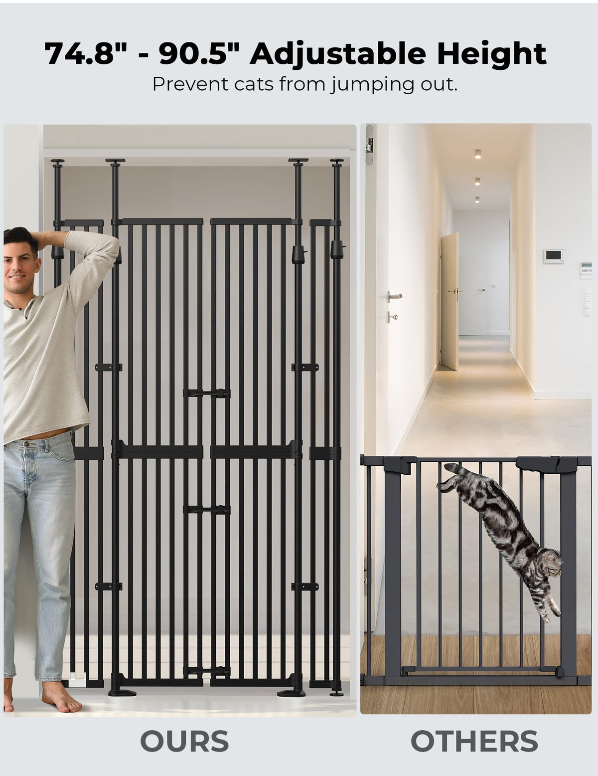 Extra Tall Cat Gate for Doorway (Black：74.8"-90.5" H x 30.3"-47.2" W)