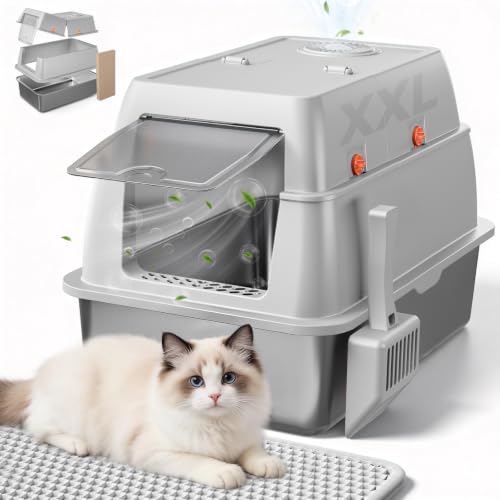 XXL Stainless Steel Cat Litter Box with Lid (Light Gray / 23" L × 16" W × 18" H)