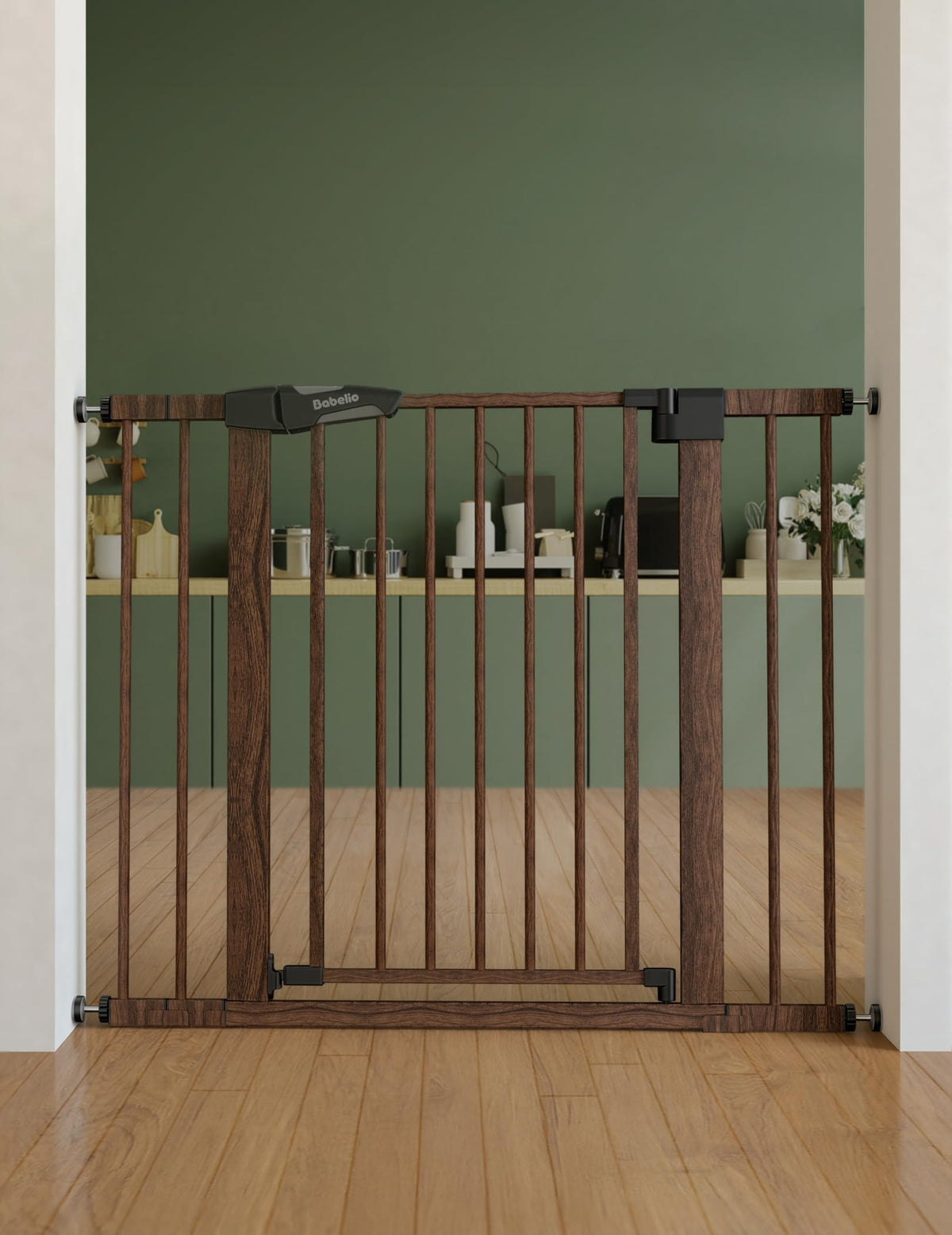 26 40 in Pressure Mounted Baby Gate for Stairs (Black Wood Pattern / 30"Tall 26"-40" Wide)
