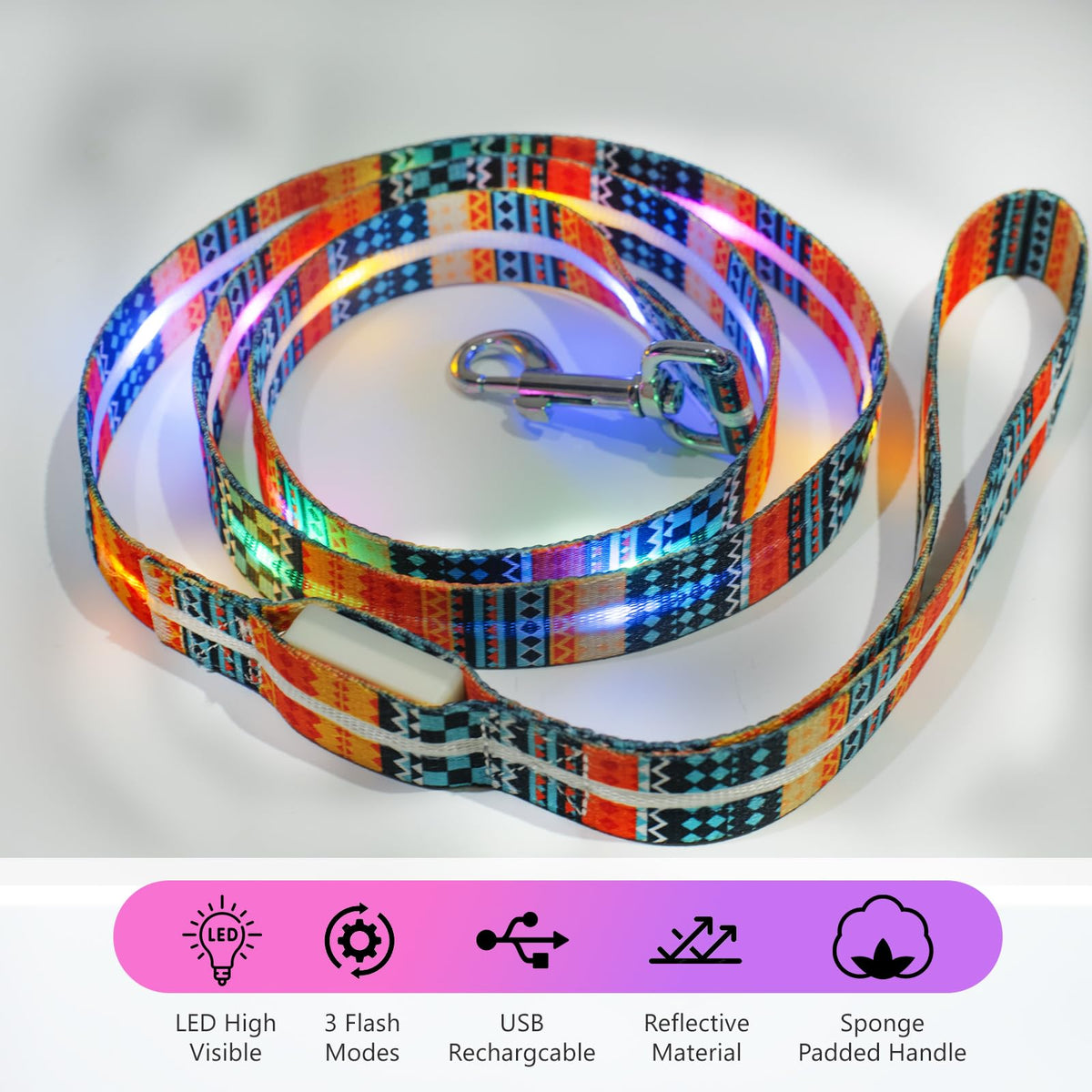 Light Up Dog Leash USB Rechargeable for Small Medium Large Dogs (Bohemian Orange / L59in/W1in)