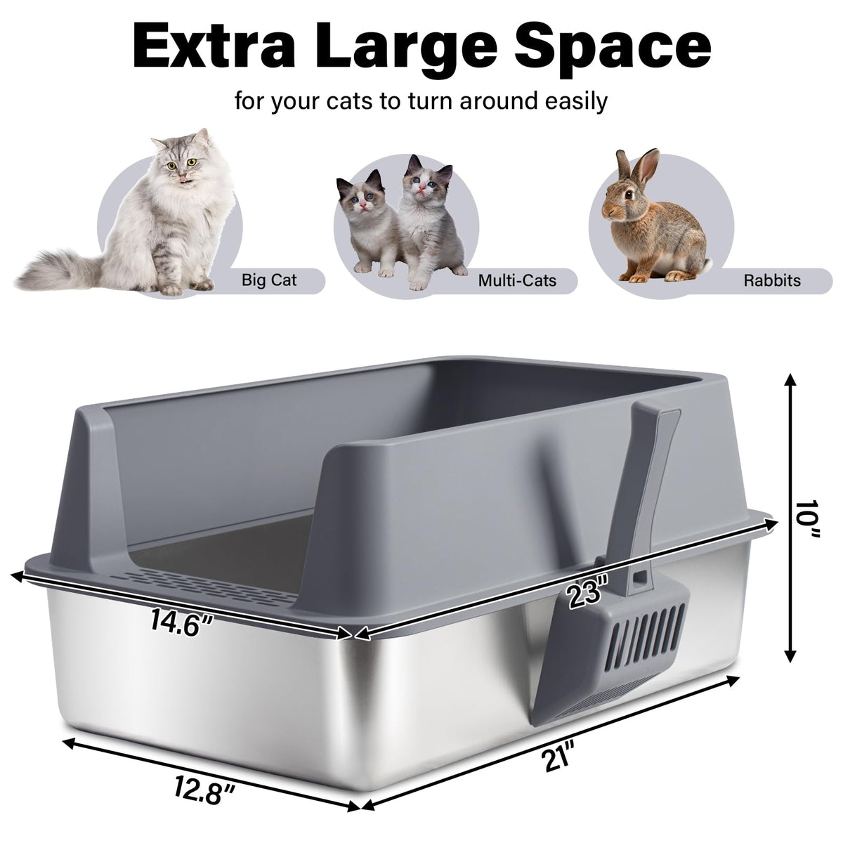 Stainless Steel Litter Box with Lid (23"×14.6"×10"Gray)