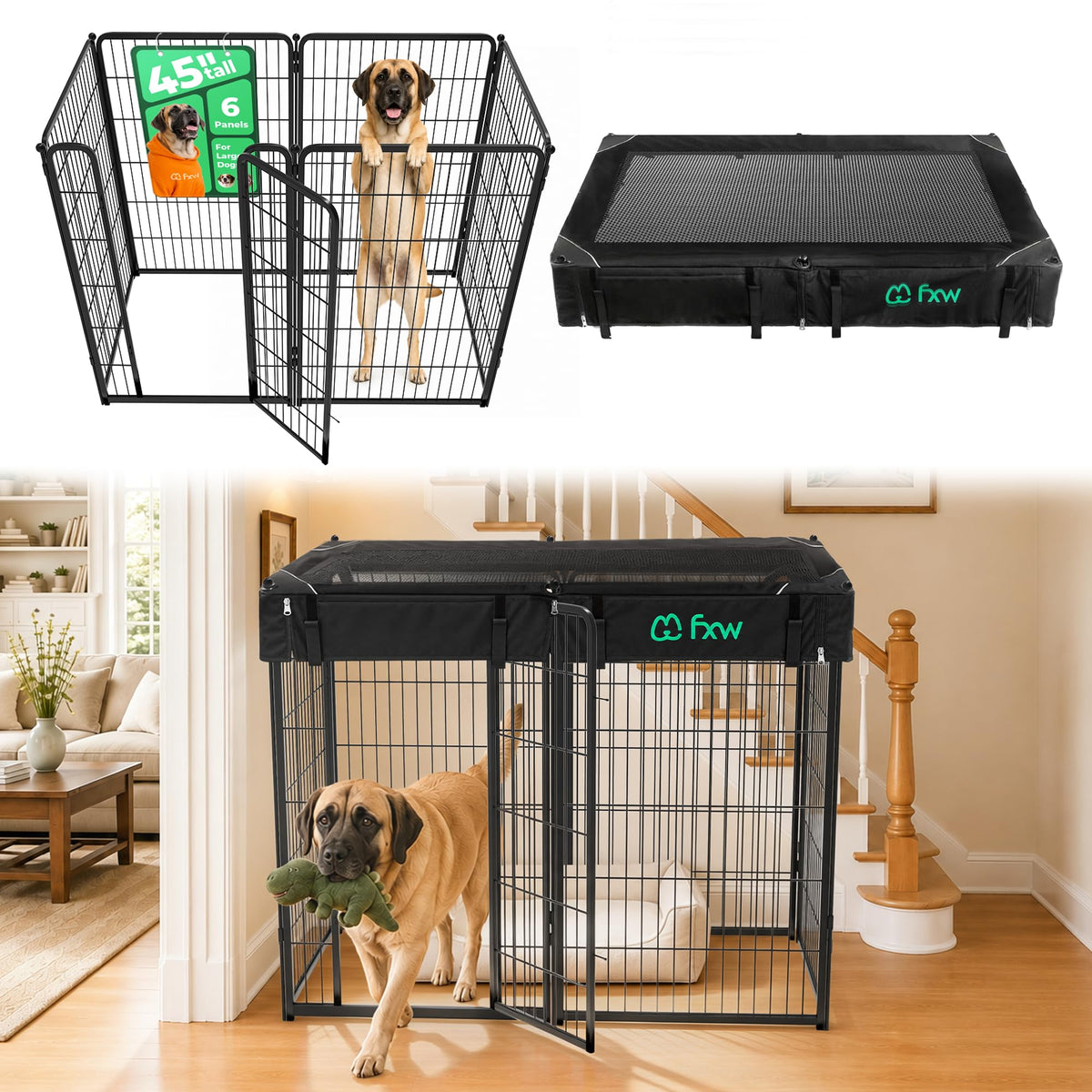 Homeplus Indoor Dog Playpen with Mesh Top Cover (Black / 45"H)