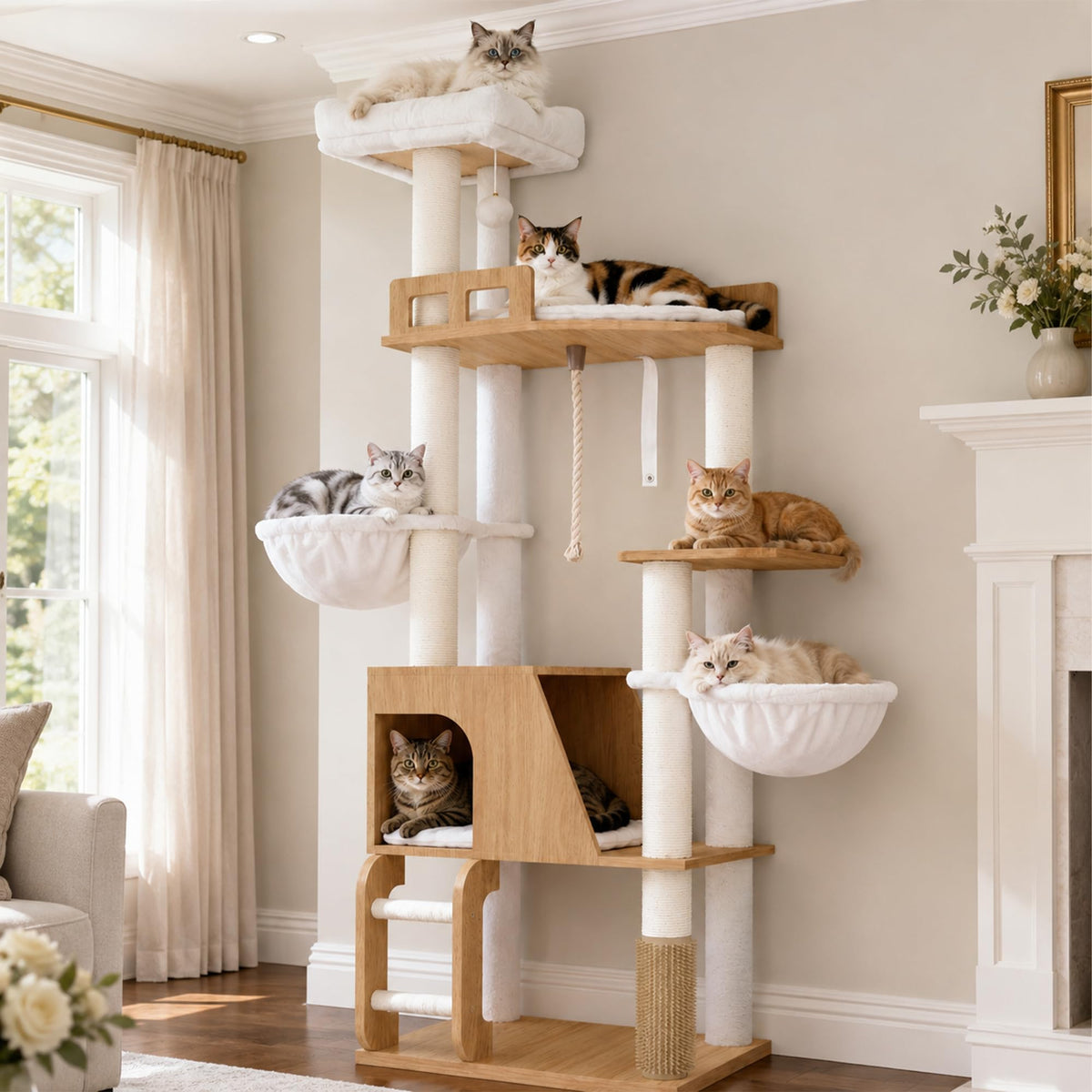 Wooden Cat Tree Tower with Large Condos (White Oak)