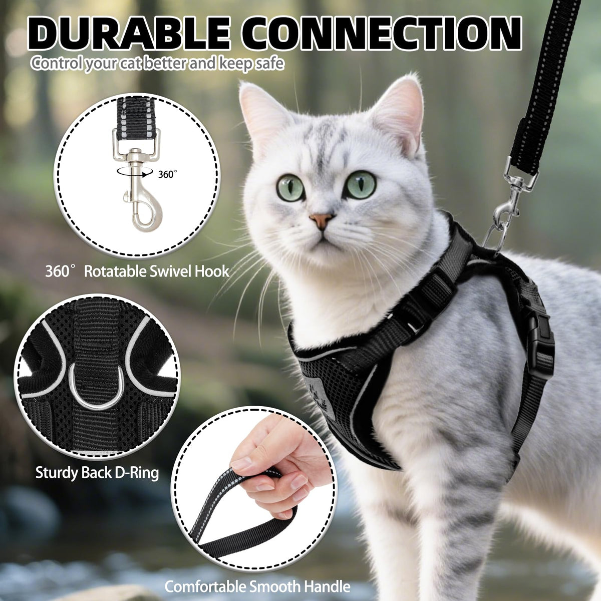 Cat Harness and Leash Set Escape Proof Reflective Cat Walking Harness Adjustable Soft Breathable Mesh Vest for Small Pets (XS (NECK 8.5", CHEST 11"-14") / Black)