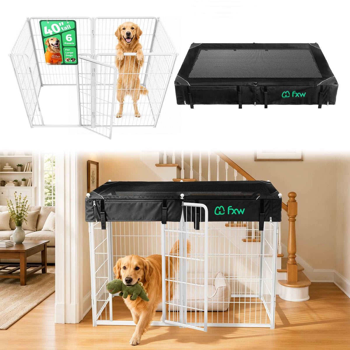 Homeplus Indoor Dog Playpen with Mesh Top Cover (White / 40"H)