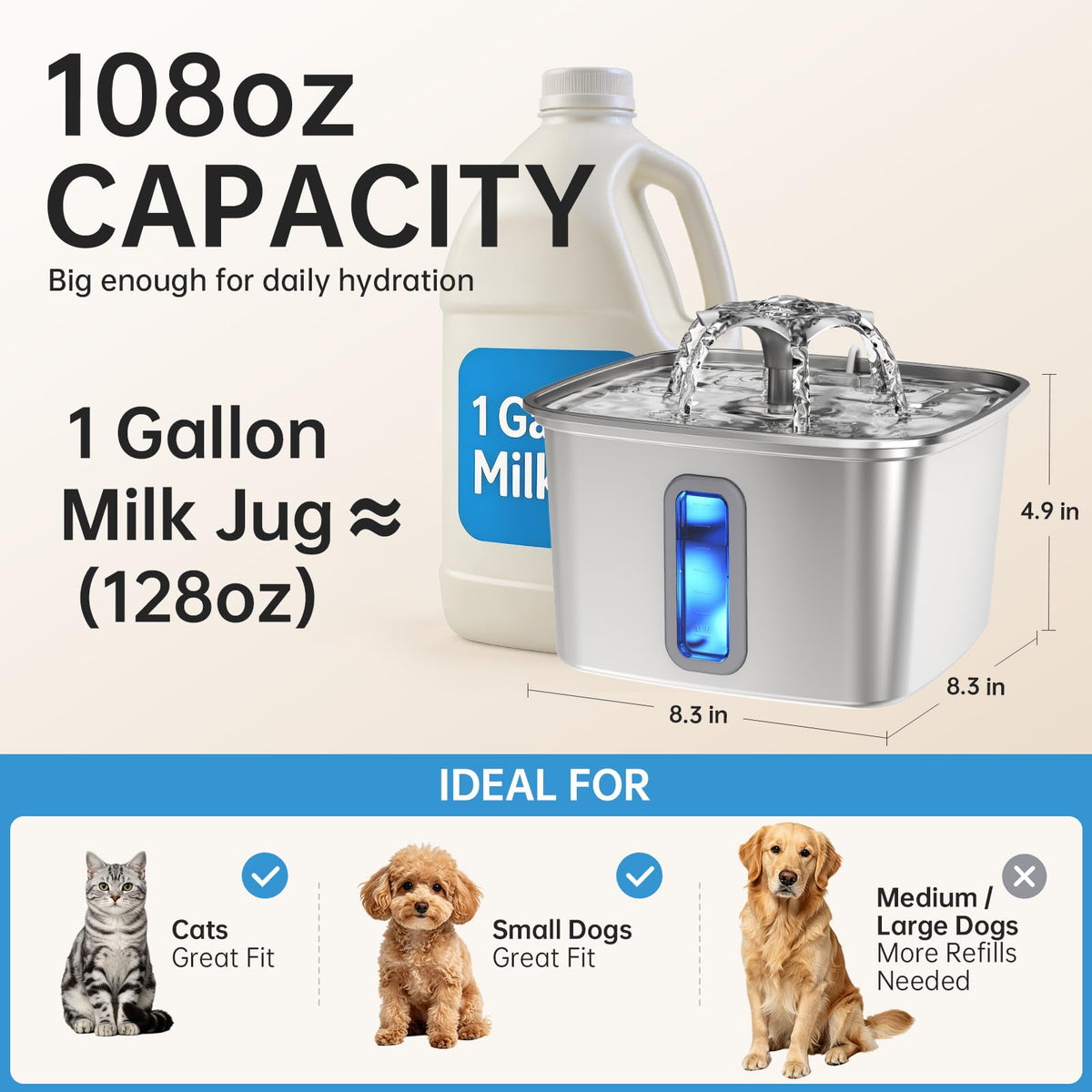 Innovation Award Winner Stainless Steel Cat Water Fountain (Silver / 108oz (Cats & Small Dogs))