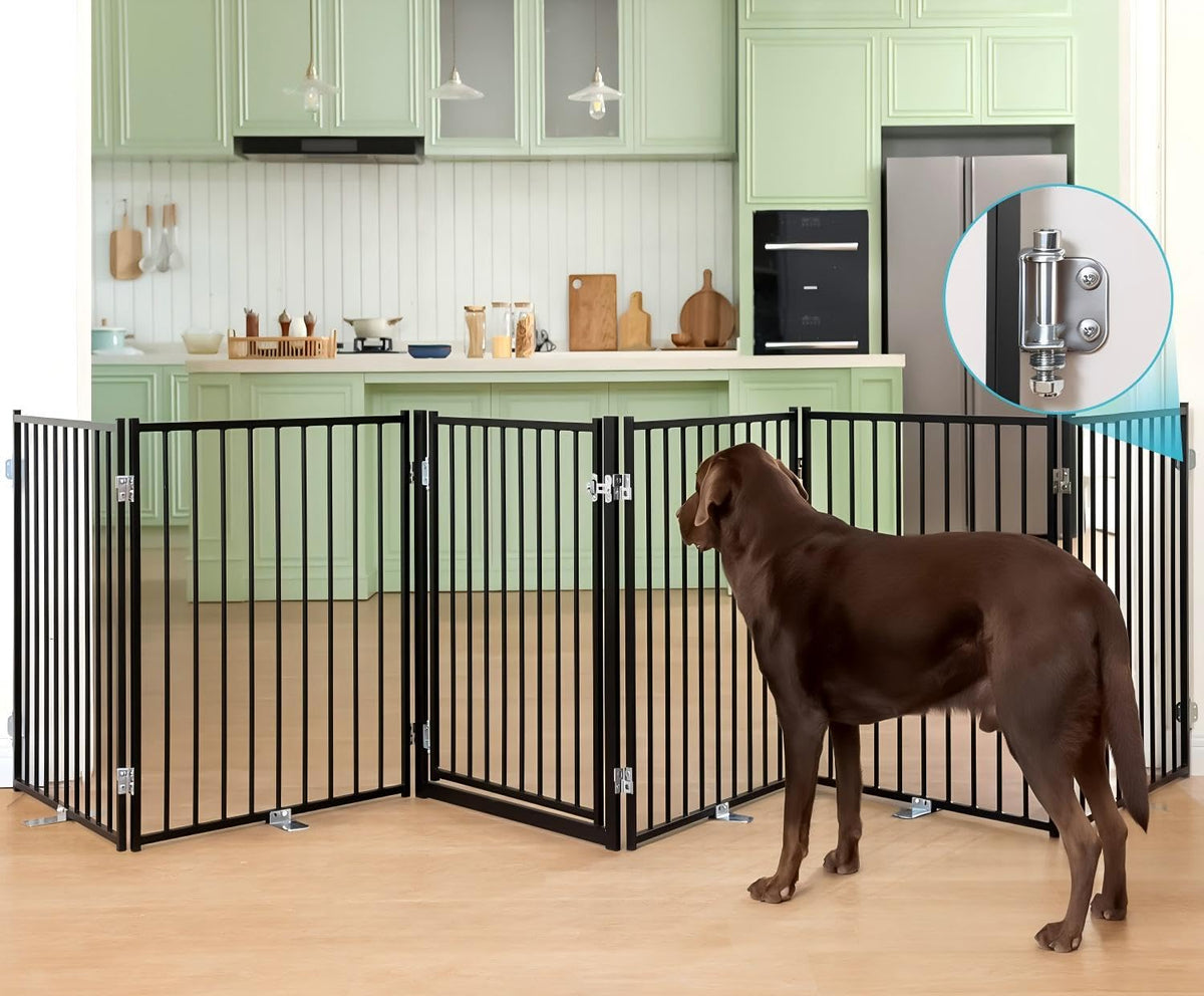 Freestanding Dog Gate with Door for Indoor & Outdoor (Black / 【6 Panels with Door】156"W×30"H)