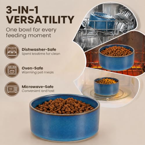 Elevated Ceramic Dog Bowl with Bamboo Stand (Deep Blue / 3.6Cup)