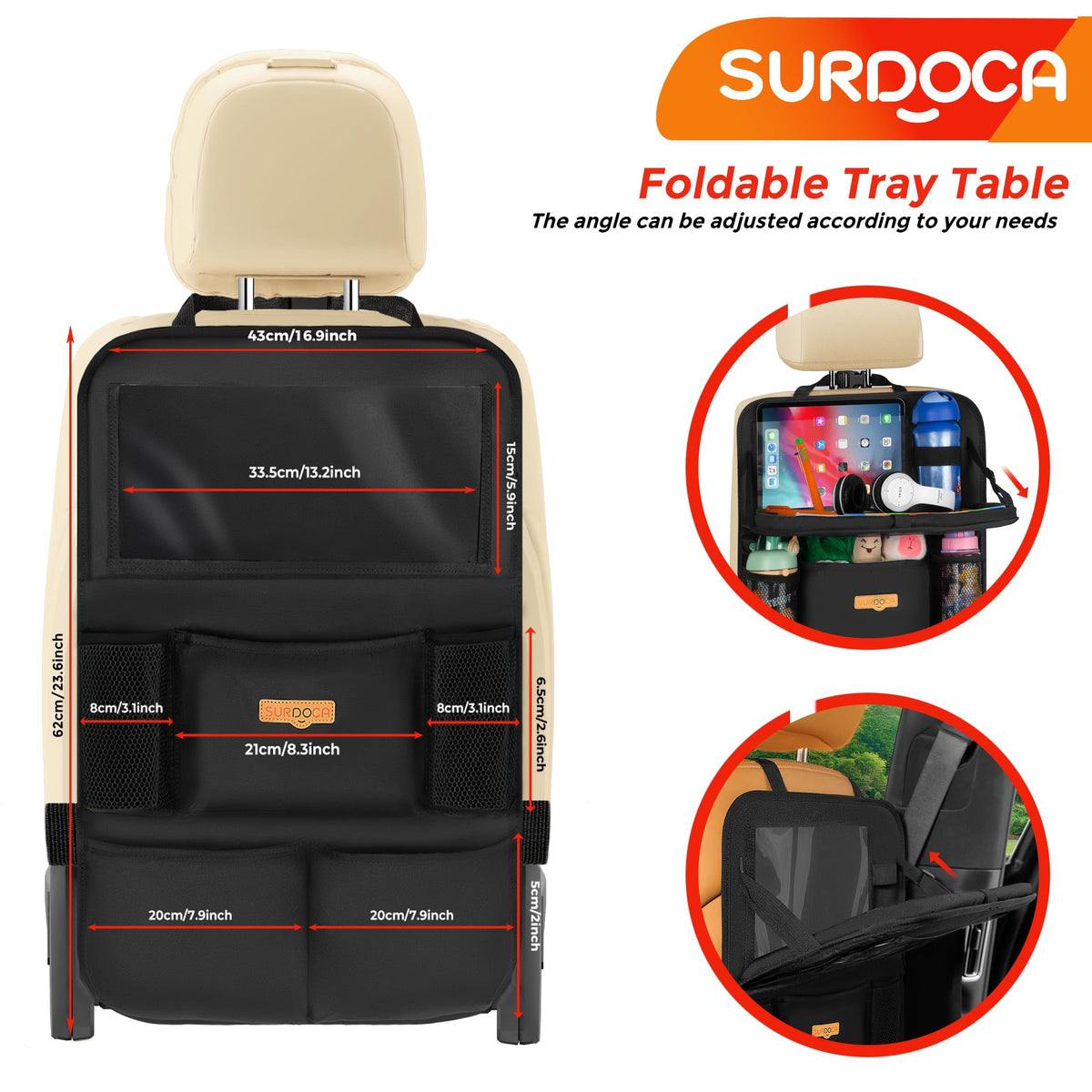 Backseat Car Organizer with Foldable Tray for Kids & Adults (Black (1 Pack))