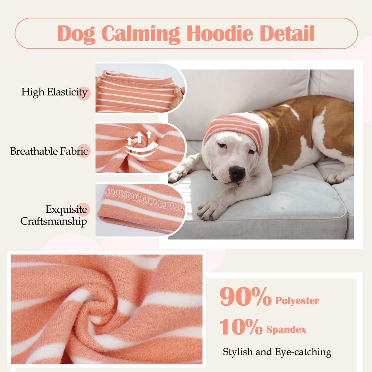 Calming Hoodie Dog Grooming Ear Cover Anxiety Relief (M(Head Girth: 11.8in-19.7in) / PinkStriped)