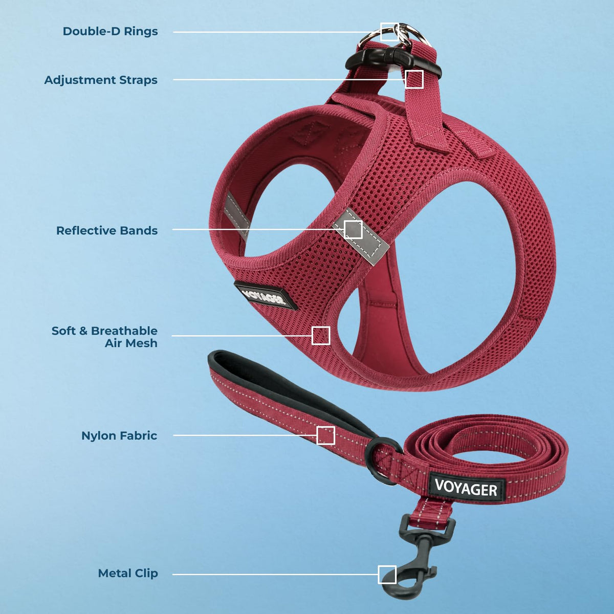Voyager Step in Air All Weather Mesh Harness and Reflective Dog 5ft Leash Combo with Neoprene Handle (Burgundy / S (Chest: 14.5 - 16"))