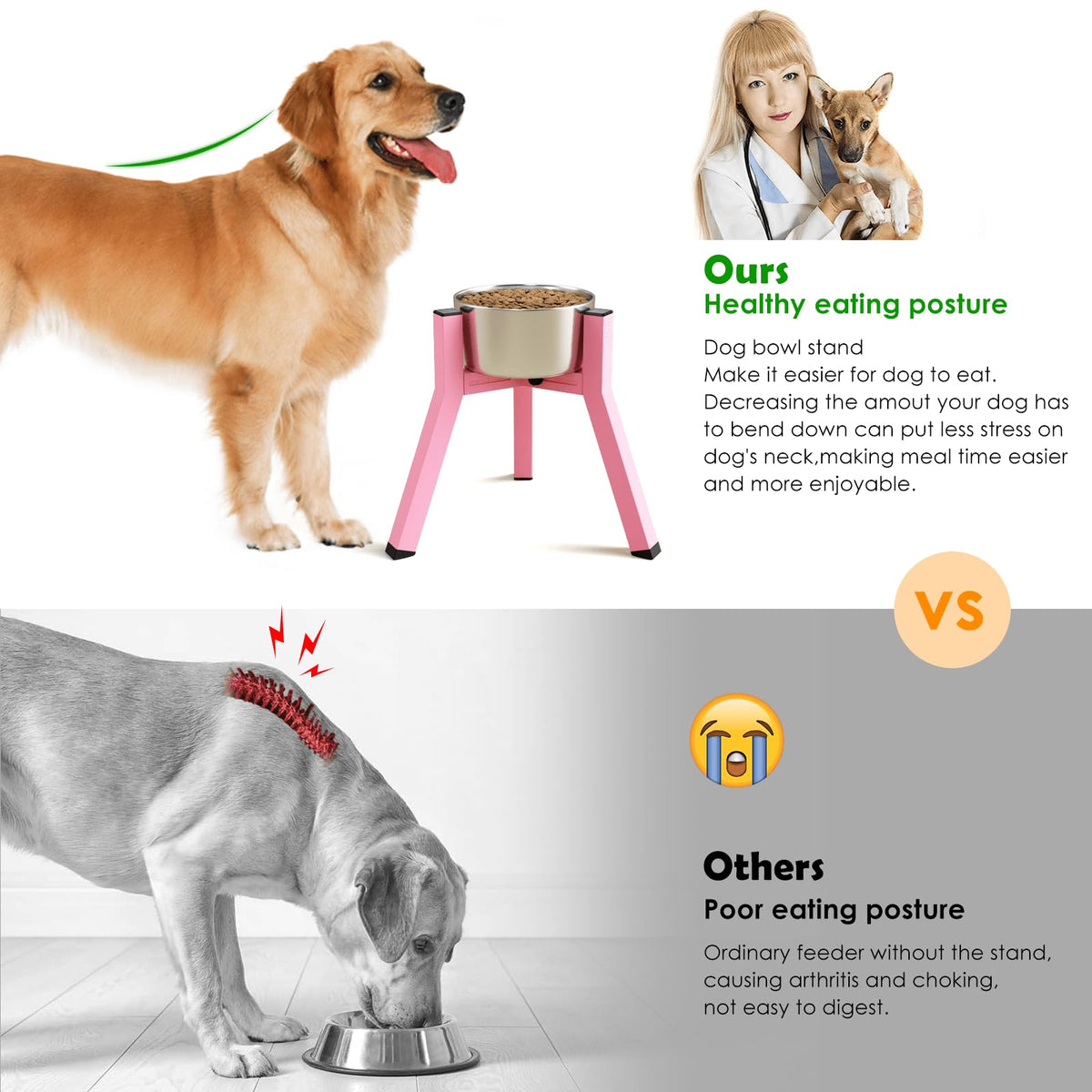 Elevated Dog Bowl Stand for Medium Large Dogs (Pink, Square / Height: 11", Width: 7-10.6")