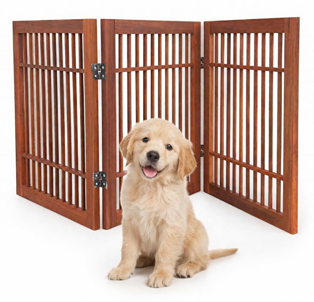 Freestanding Wooden Dog Gate Foldable Indoor Pet Gate No Drill Expandable Barrier for Doorways Stairs Hallways Portable Wood Fence for Small Dogs & Puppies (3 Panel 24" Tall / Brown Pet Gate)