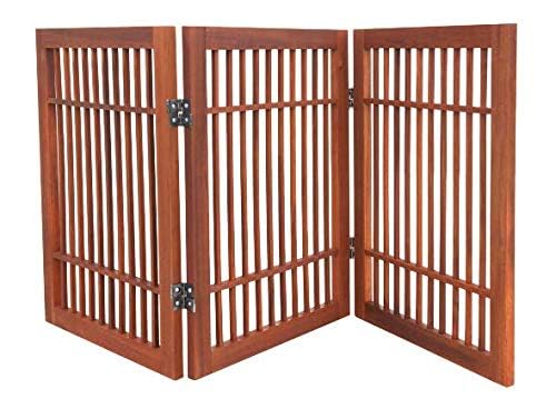 Freestanding Wooden Dog Gate Foldable Indoor Pet Gate No Drill Expandable Barrier for Doorways Stairs Hallways Portable Wood Fence for Small Dogs & Puppies (3 Panel 24" Tall / Brown Pet Gate)