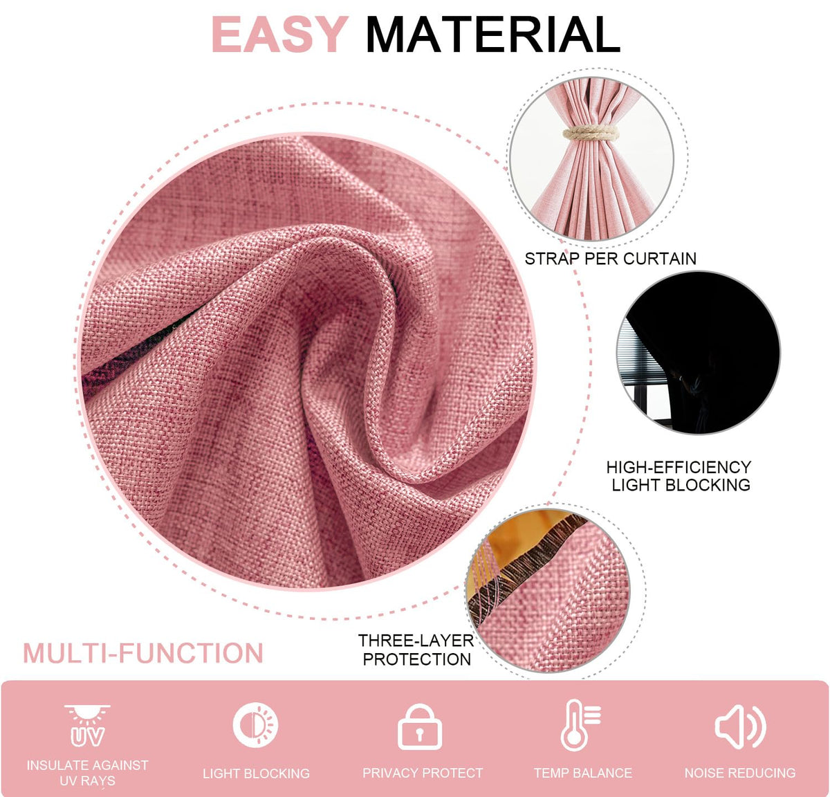 100% Blackout Stick on Self Stick Curtains (Light Pink / 46"W x 72"H)