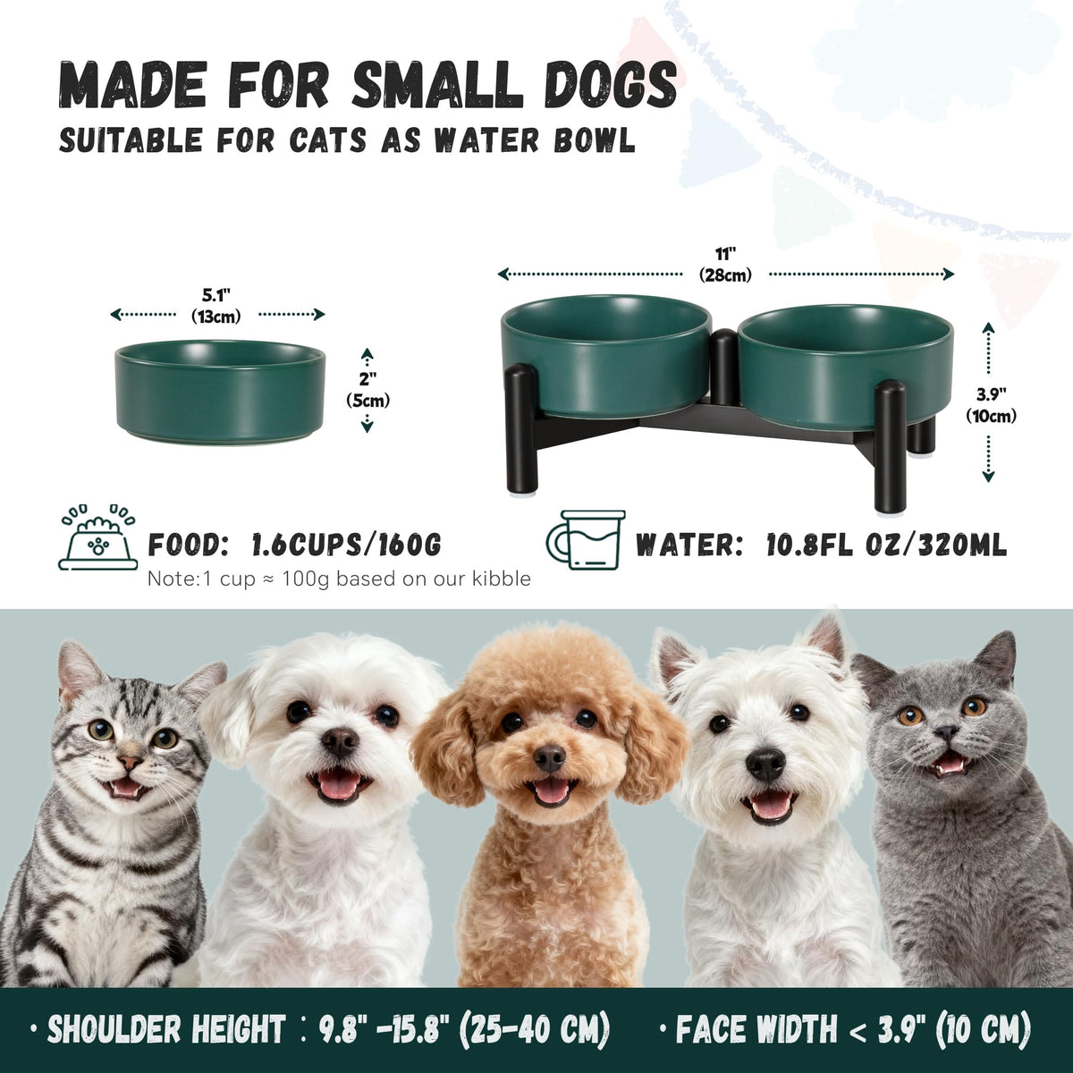 Raised Ceramic Dog Bowl Set with Stand (Green / 2 Bowls - 1.6 Cups Each)