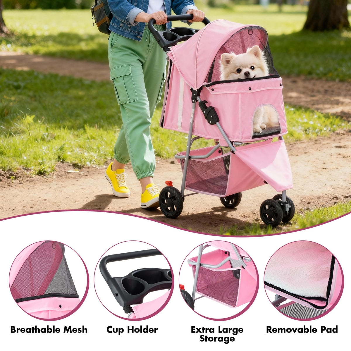 3 Wheel Pet Stroller for Dogs and Cats (Light Pink / 29.1" x 17.7" x 39.4")