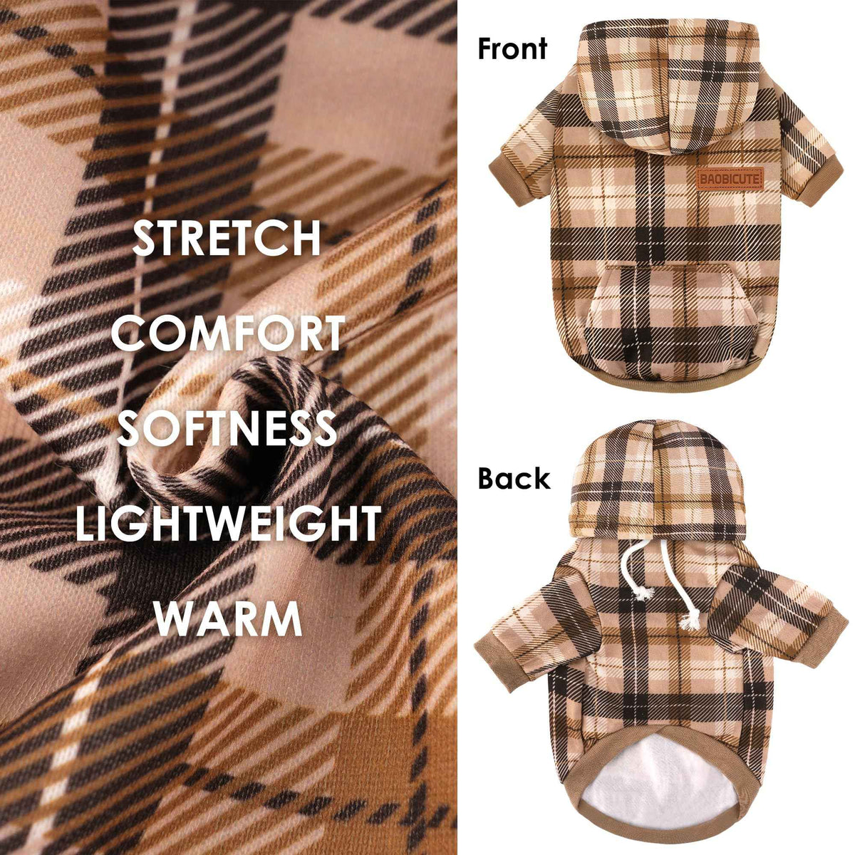 Dog Basic Hoodie Soft Dog Clothes Cold Weather Sweaters for Medium Large Dogs Cozy Fabric Warm Sweatshirt with Leash Hole for Boys (Khaki Plaid / L (Back: 20.47",Chest: 28.35",20-35lbs))
