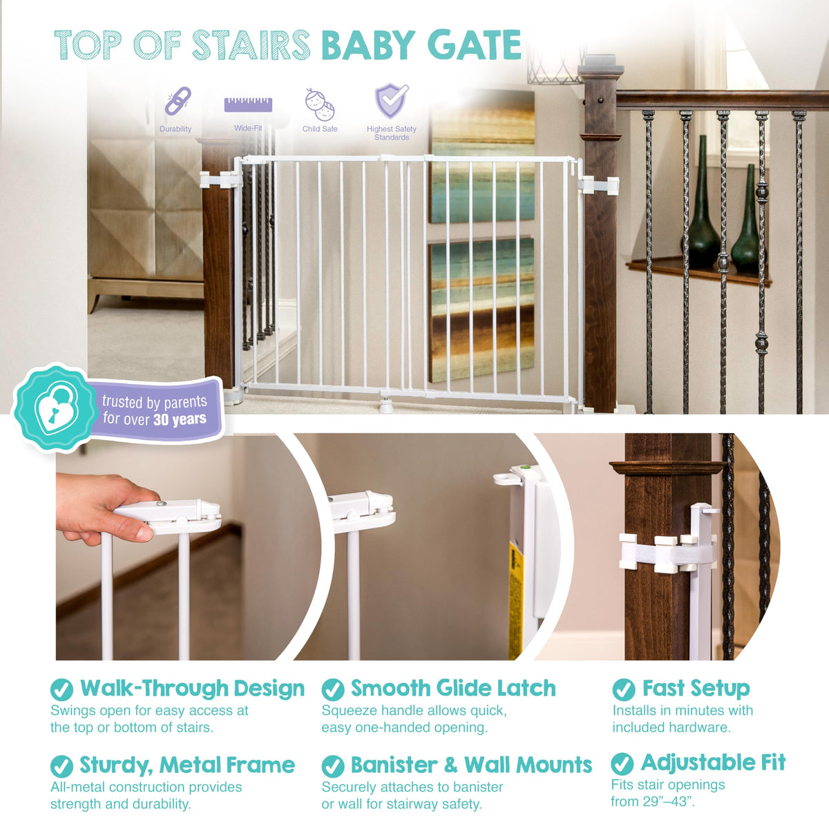 Safety 29" 43" Extra Wide Baby Gate for Top of Stairs & Doorways (White / 29-43.5"W x 30.5"H)