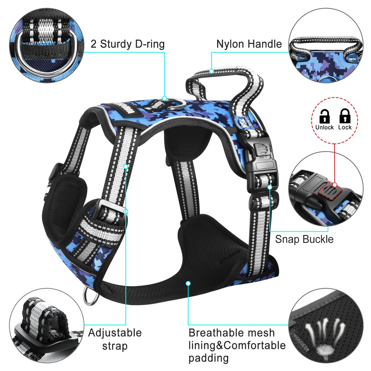 Dog Harness No Pull (Small / Blue Camo)