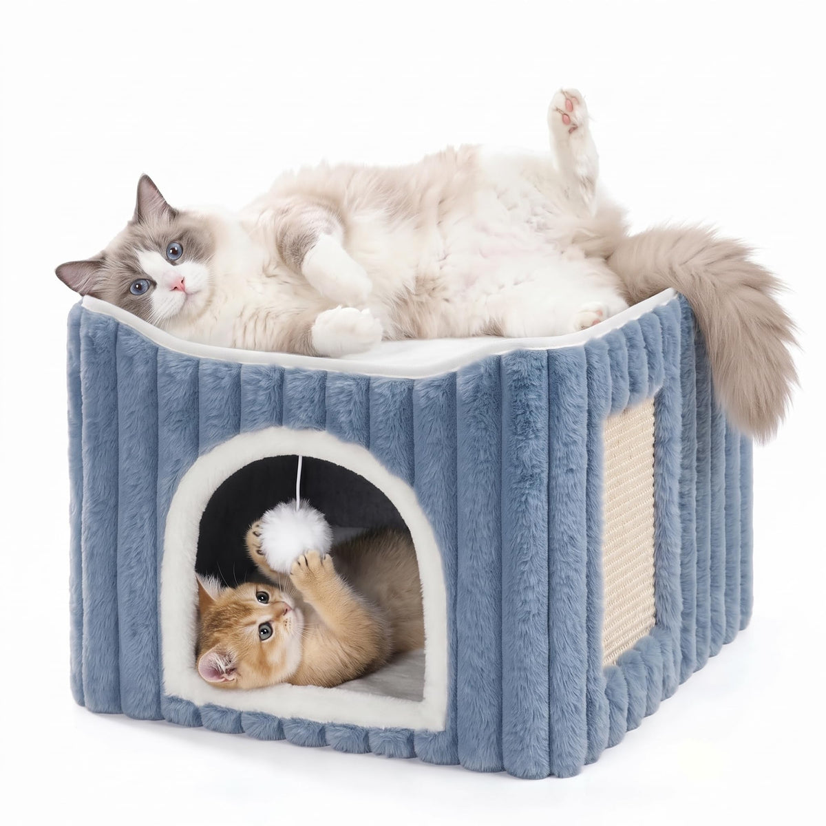 3-in-1 Cat Cave Bed for Indoor Cats with Scratch Pad (Blue)