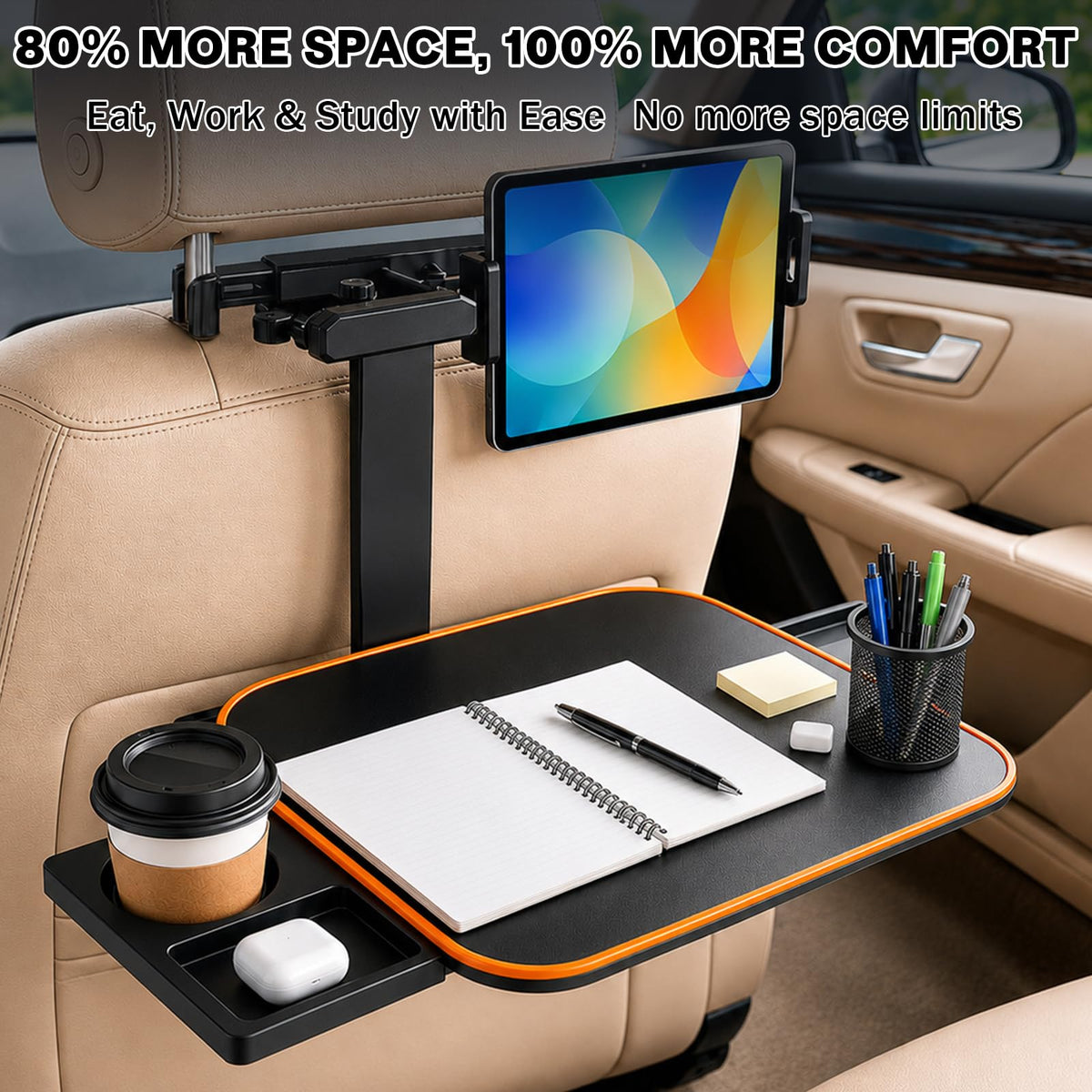 Large Car Tray Table for Back Seat with Adjustable Height (Orange)