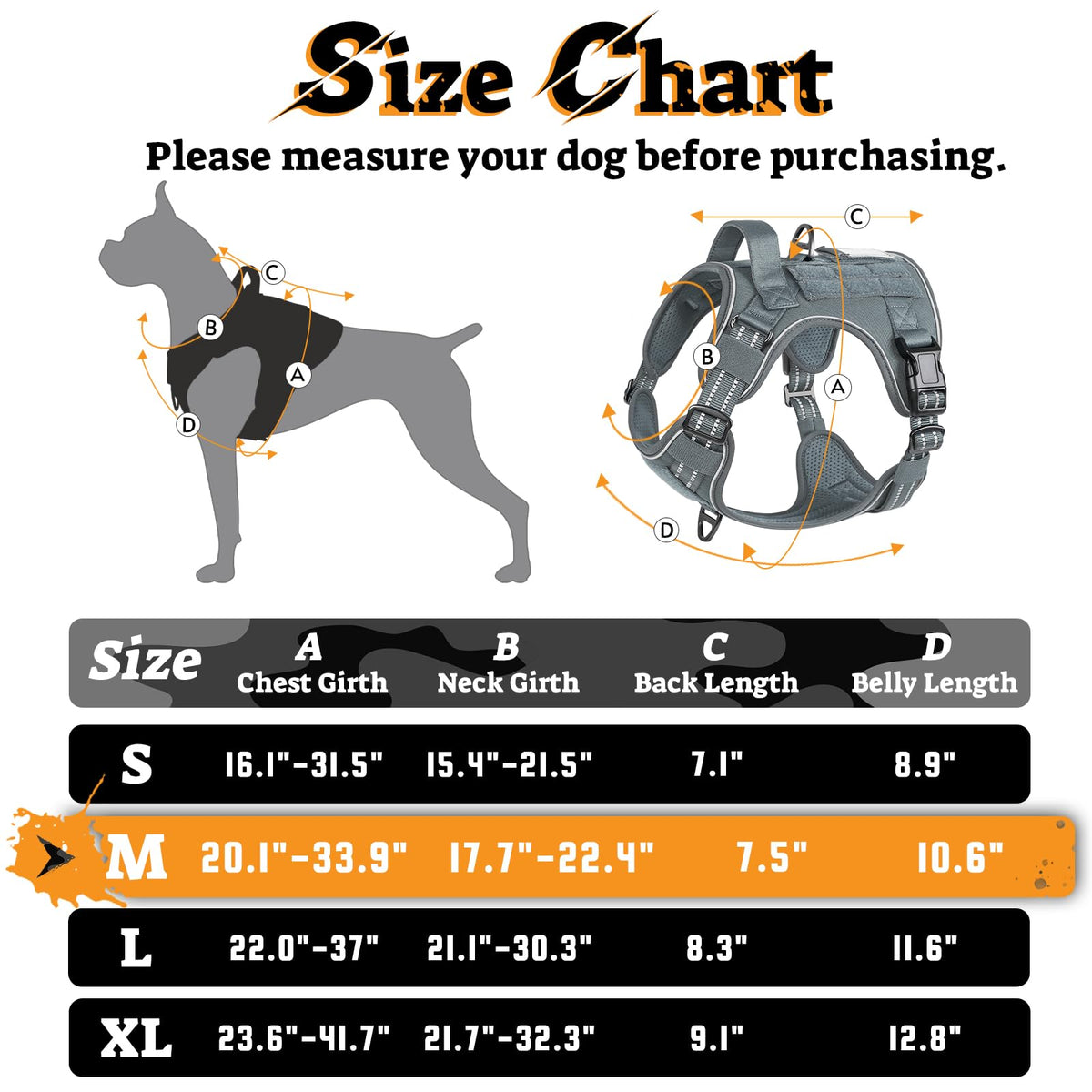 Tactical Dog Harness Medium Sized (M(chest:20.1"-33.9",neck:17.7"-22.3",back:7.5") / Grey)