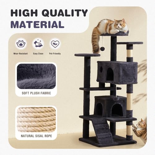 54 Inch Cat Tree Tower with Sisal Scratching Posts (Gray / 54IN)