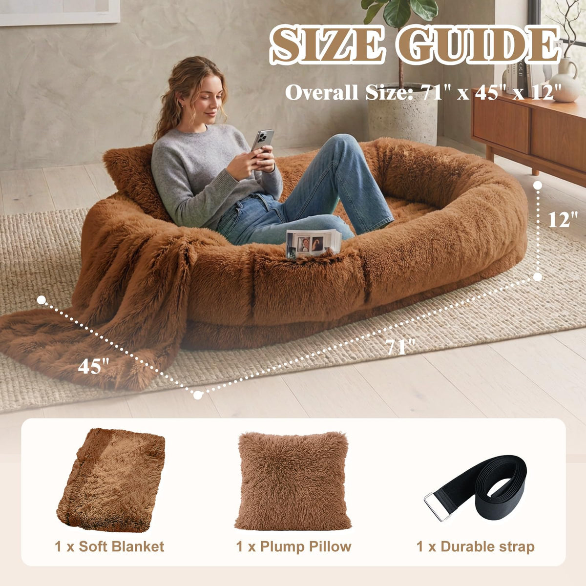 Human Dog Bed (71.0"L x 45.0"W x 12.0"Th / Brown)