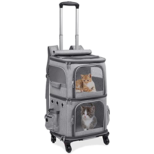 Double Compartment Cat Backpack Carrier with Wheels for 2 Pets (X-Large / Grey)