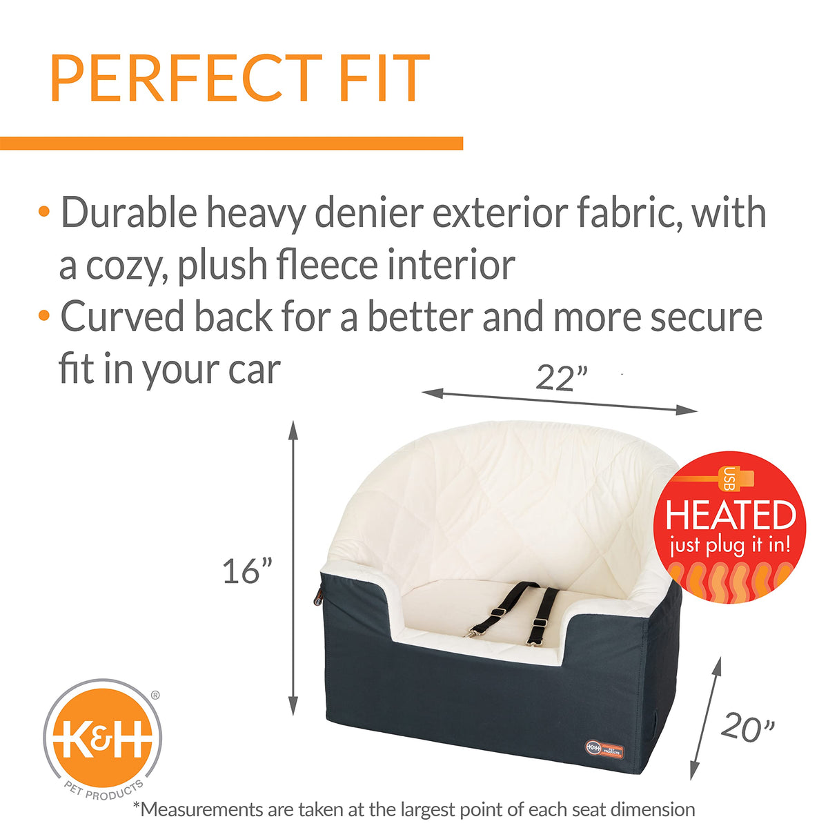 Bucket Booster Washable Medium and Small Dog Car Seat with Dog Seat Belt for Car (Heated Large / Charcoal/Cream)