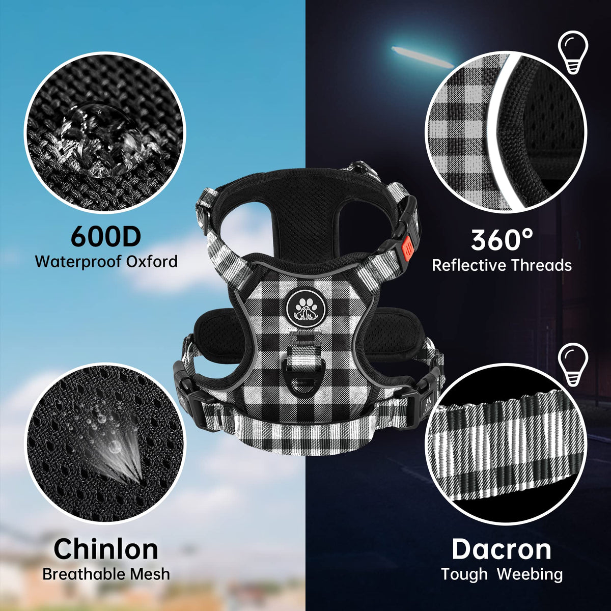 Reflective Dog Harness for Large Dogs (Checkered Black / Large)