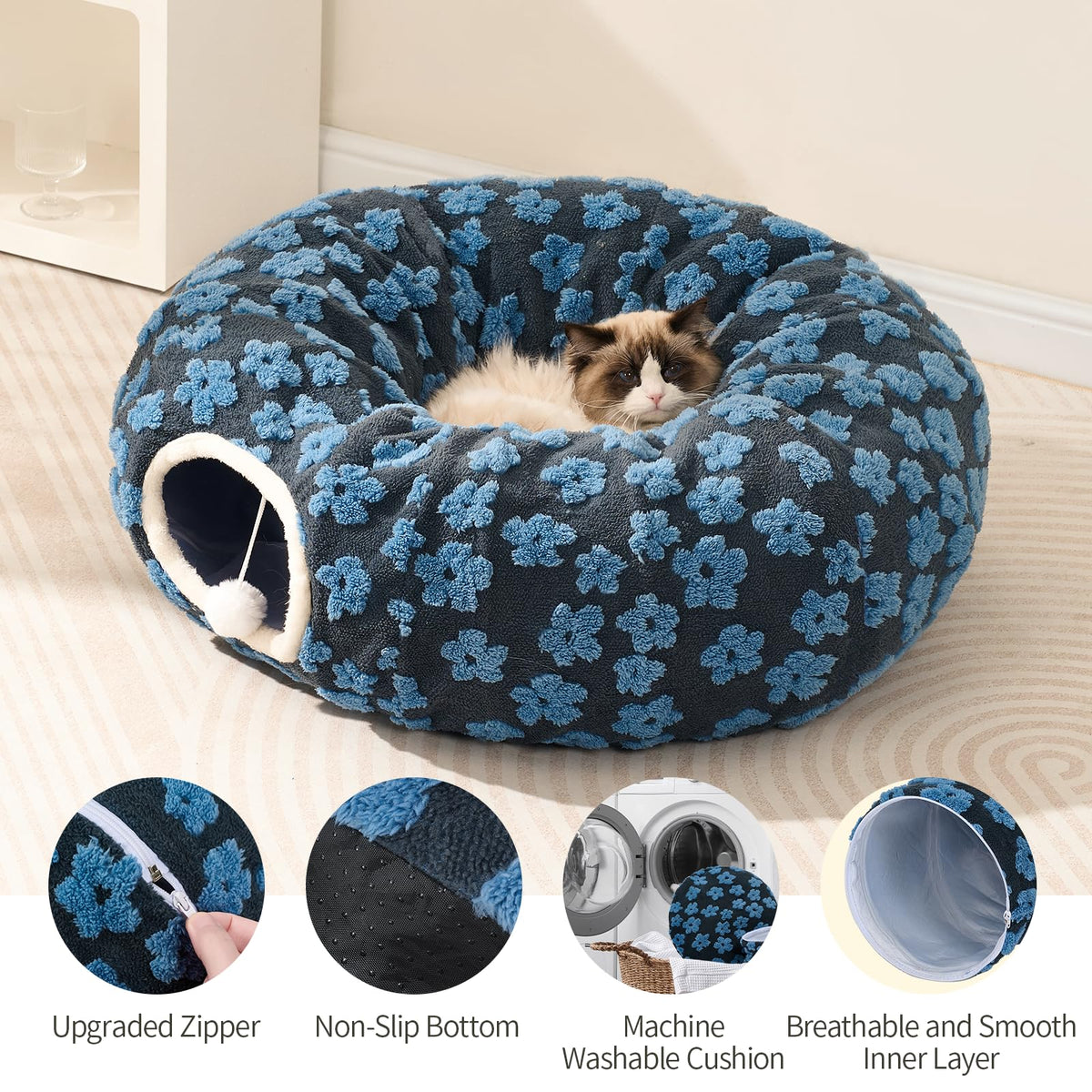 Cat Tunnel Bed with Soft Cushion for Indoor Cats and Kittens