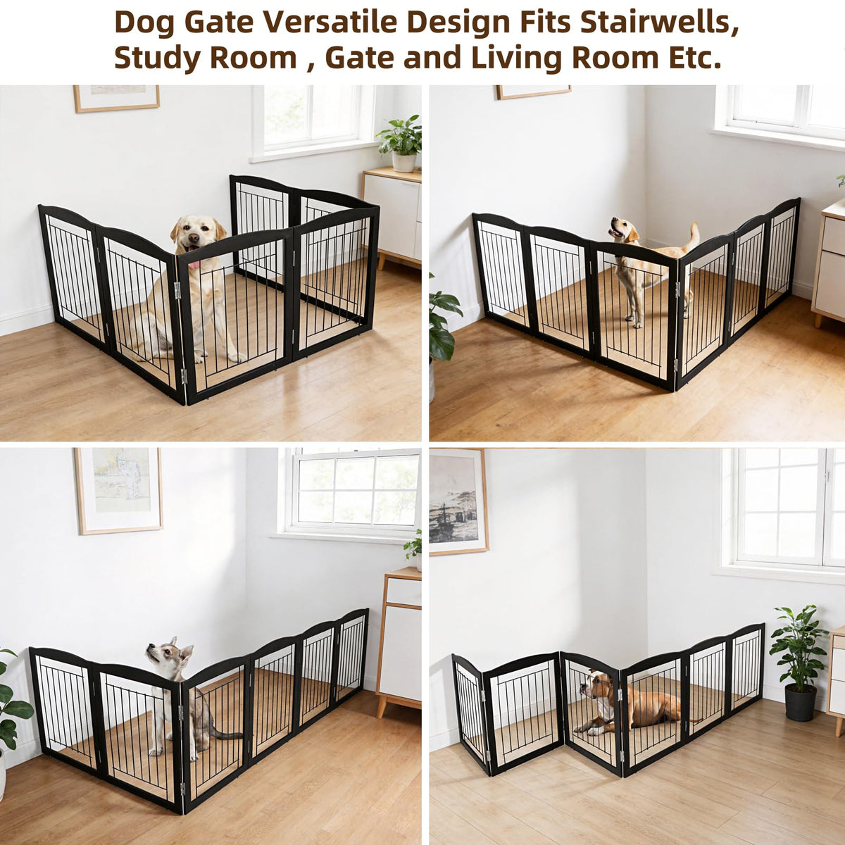 Freestanding Foldable Dog Gate for House Extra Wide Wooden Black Indoor Puppy Gate Stairs Dog Gates Doorways Tall Pet Gate 6 Panels Fence (Black / 【6 Panels】120''w x 32''h)
